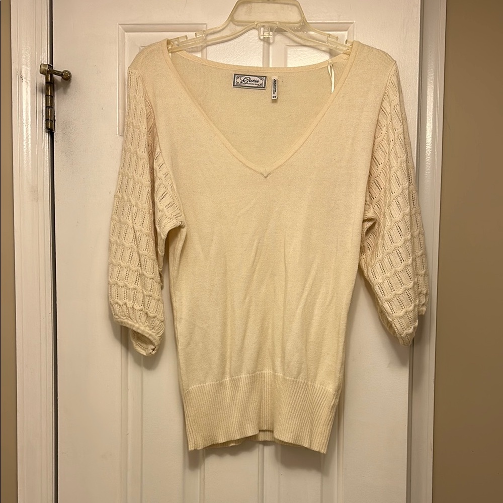 NWOT Guess Cream V-Neck Sweater with Textured Sleeves